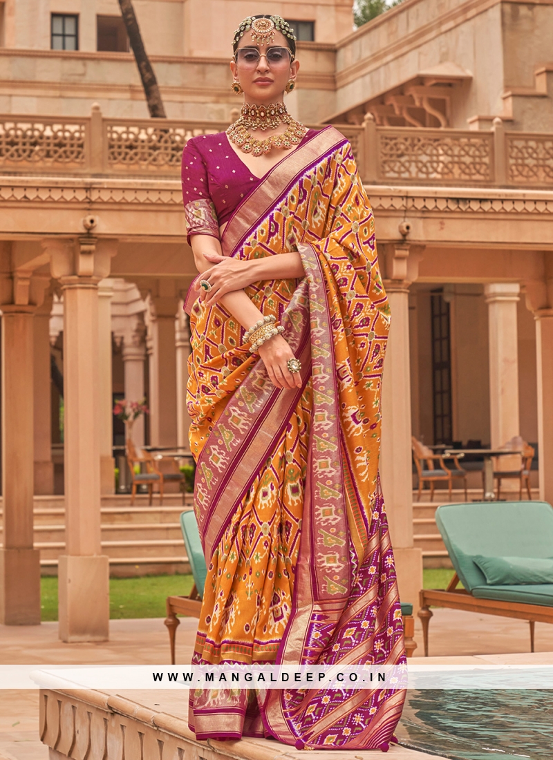 Patola Silk Yellow Foil Print Traditional Saree