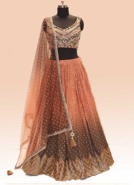 Peach And Brown Color Georgette Lehenga