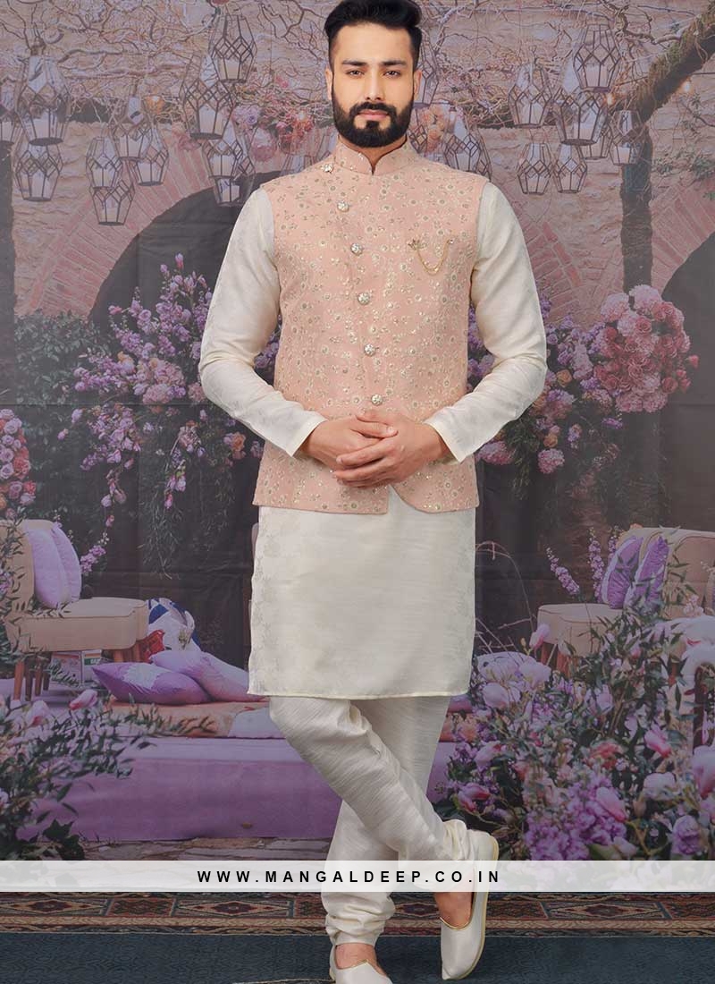 Peach And Cream Color Embroidered Mens Jacket Set