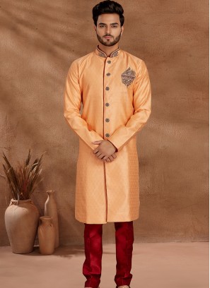 Peach and Marron Set with Jaqard Top and Art Silk Trousers Semi Sherwani.