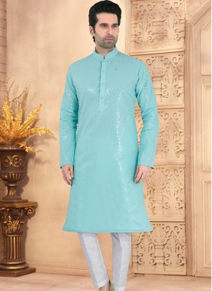 Light Teal and Off-White Georgette Kurta Pajama Set with Sequence Work.
