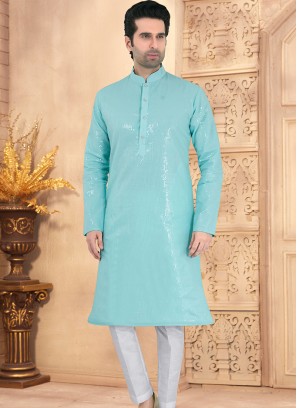 Light Teal and Off-White Georgette Kurta Pajama Set with Sequence Work.