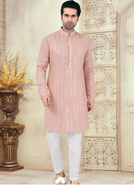 Peach and Off-White Georgette Kurta Pajama Set wit