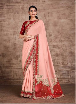 Peach And Red Color Wedding Wear Saree