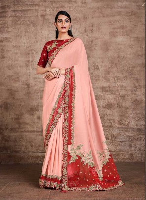 Peach And Red Color Wedding Wear Saree