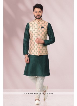 Peach Banarasi Silk Kurta Pyjama with Digital Print Jacket Set