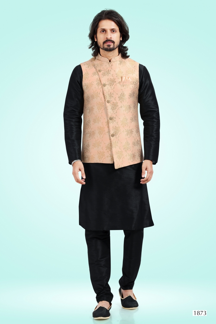Peach Banarasi Silk Kurta Set with Nehru Jacket