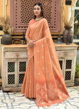 Peach Chanderi Silk Sangeet Contemporary Style Saree