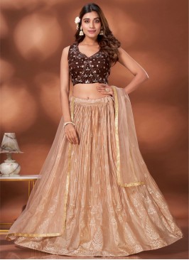 Peach Chinon Sangeet A Line Lehenga Choli