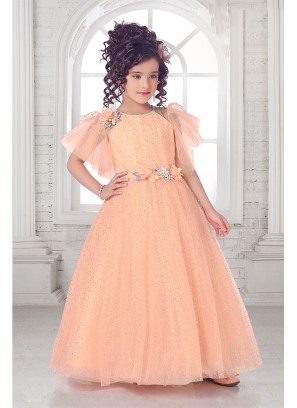 Peach Color Applique Floral Girl Gown