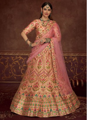 Peach Color Art Silk Embroidered Lehenga