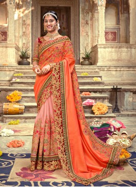 Peach Color Art Silk Embroidered Wedding Wear Saree