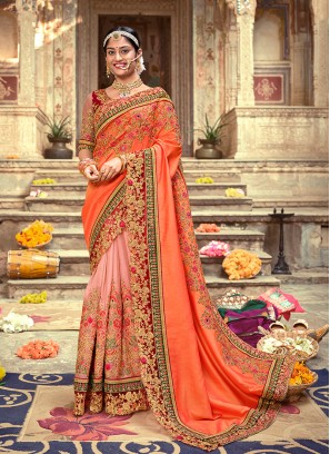 Peach Color Art Silk Embroidered Wedding Wear Saree