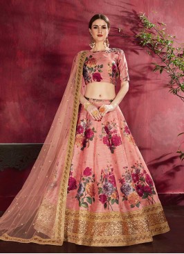 Peach Color Art Silk Flower Print Lehenga