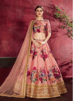 Peach Color Art Silk Flower Print Lehenga