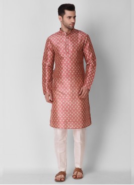 Peach Color Art Silk Print Mens Kurta Set