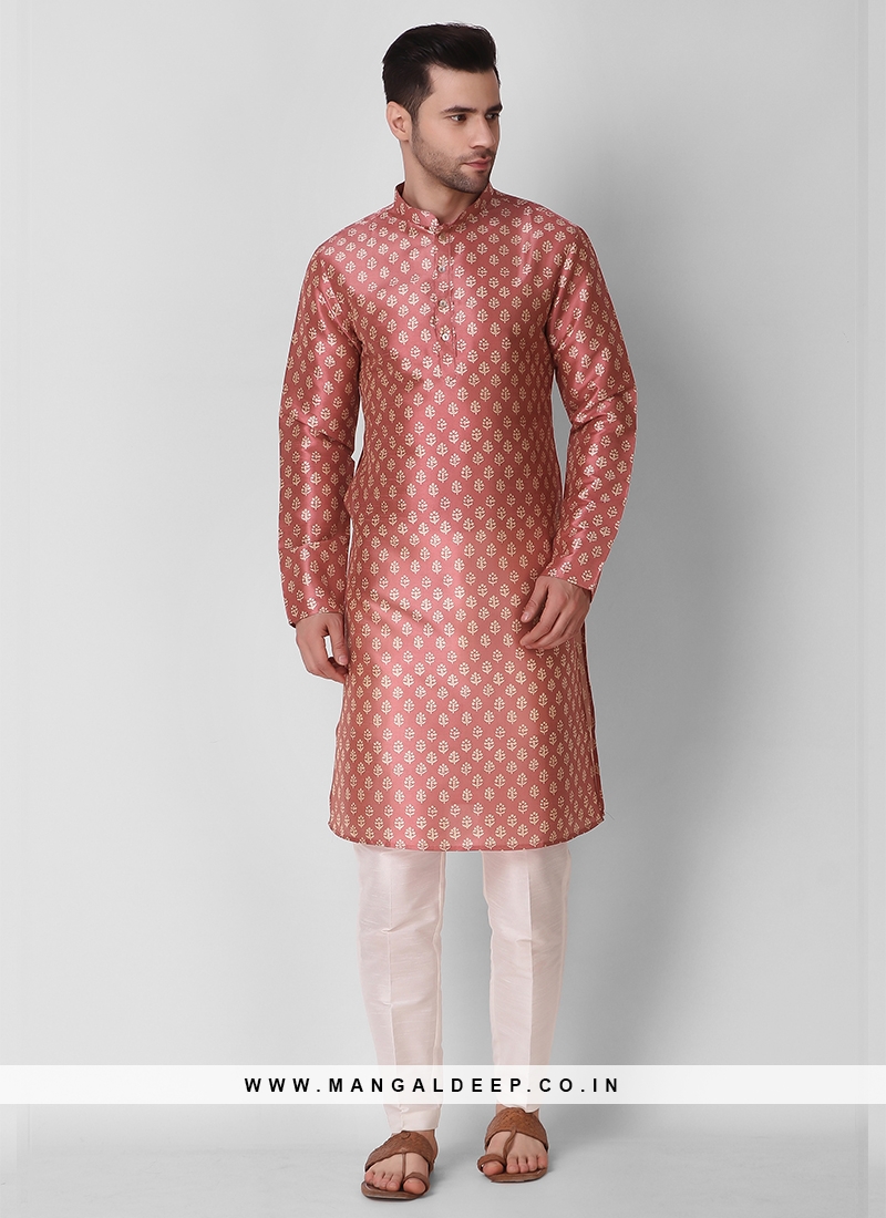 Peach Color Art Silk Print Mens Kurta Set