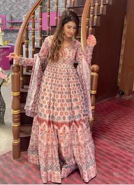 Peach Color Chanderi Printed Long Dress