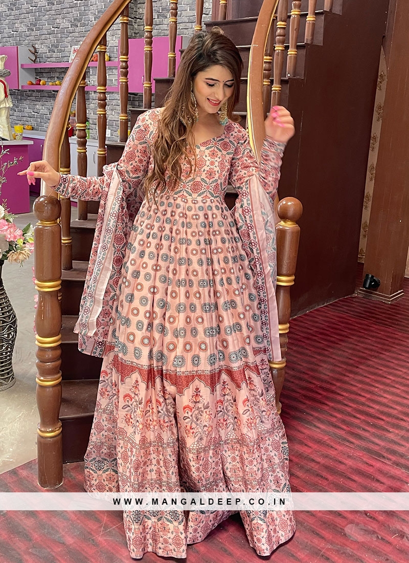 Peach Color Chanderi Printed Long Dress