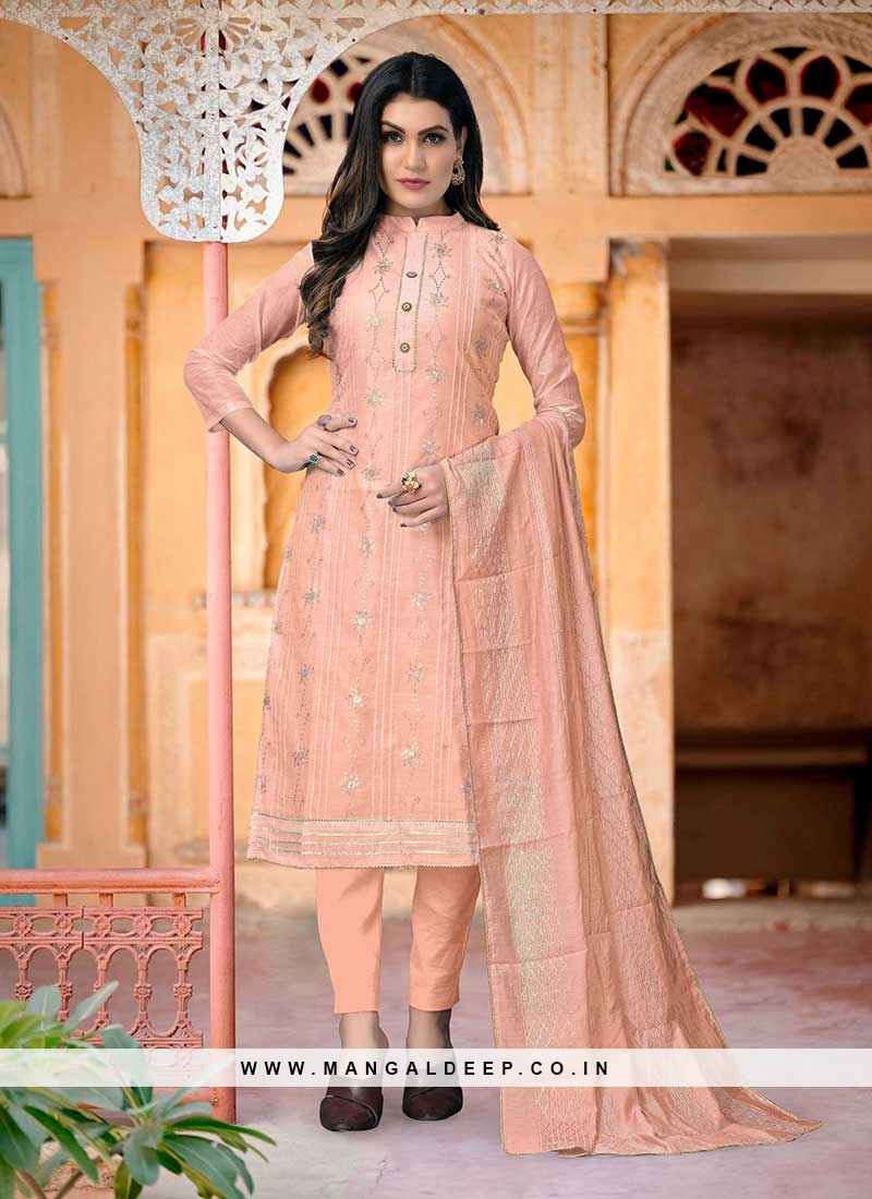 Pink Chanderi Suit Set With Floral Print And Gota Patti at Soch