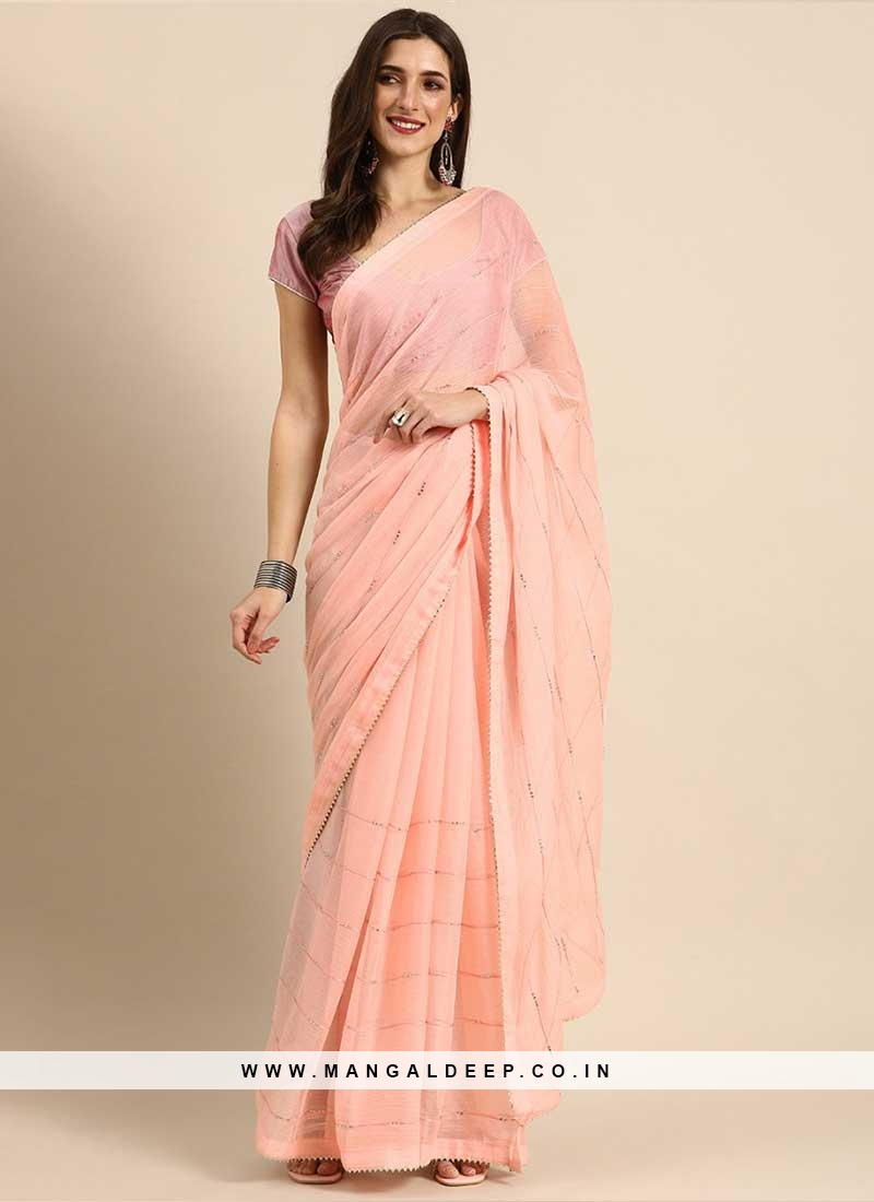 Peach Color Chiffon Party Wear Saree