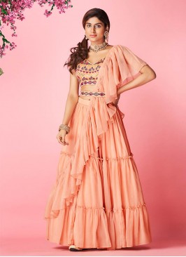 Peach Color Chiffon Thread Work Lehenga