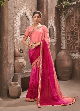 Peach Color Chinon Embroidered Border Saree