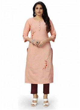 Peach Color Cotton Hand Work Kurti