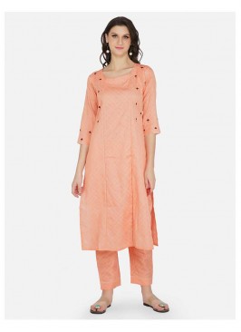 Peach Color Cotton Kurti With Bottom