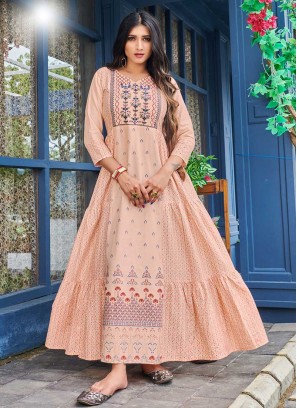 Peach Color Cotton Printed Daily Wear Gown