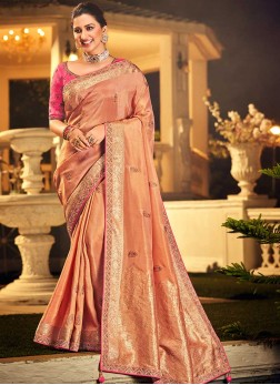 Peach Color Dola Silk Wedding Wear Saree