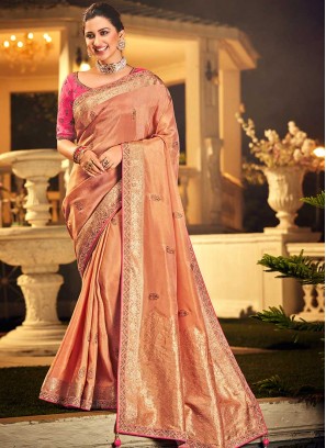 Peach Color Dola Silk Wedding Wear Saree