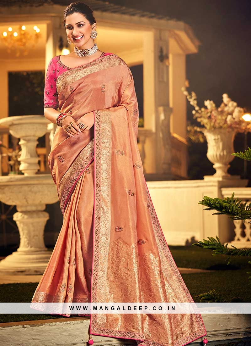 Peach Color Dola Silk Wedding Wear Saree