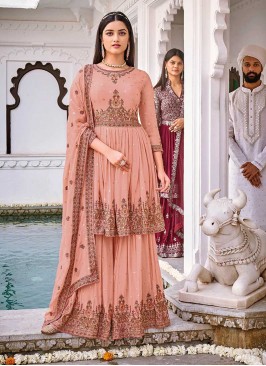 Peach Color Georgette Embroidered Sharara Suit