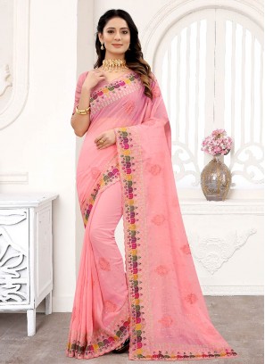 Peach Color Georgette Embroidered Work Saree