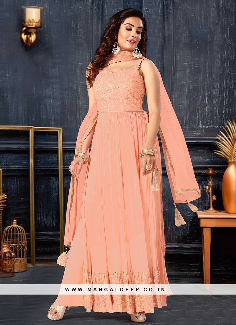 Peach Color Georgette Lucknowi Work Long Suit