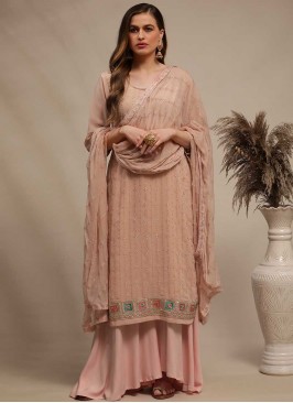 Peach Color Georgette Resham Work Dress Material