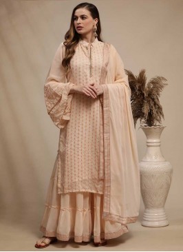 Peach Color Georgette Resham Work Dress Material