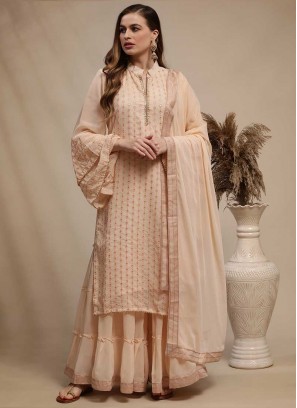 Peach Color Georgette Resham Work Dress Material