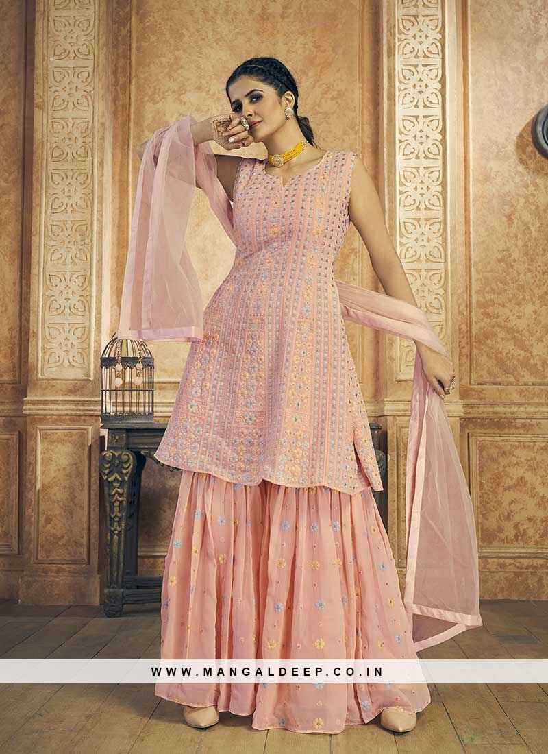 Peach Embroidered Straight Cut Suit With Dupatta