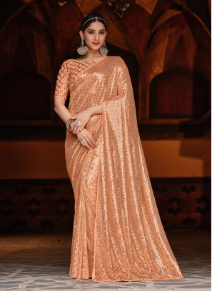 Peach Color Georgette Sequins Embroidered Saree