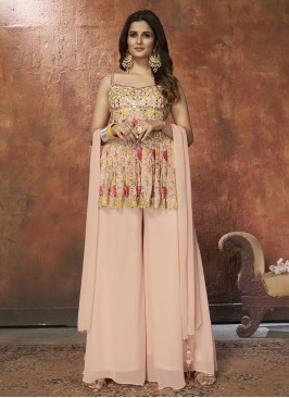 Peach Color Georgette Sequins Work Palazzo Suit