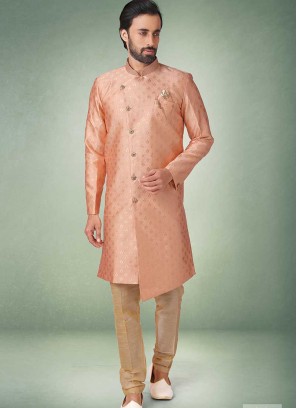 Peach Color Jacquard Silk Mens Sherwani