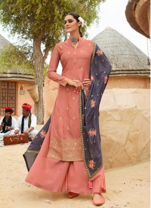 Peach Color Jacquard Suit With Heavy Work Dupatta