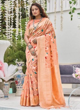 Peach Color Linen Wevon Saree For Women