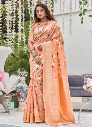 Peach Color Linen Wevon Saree For Women