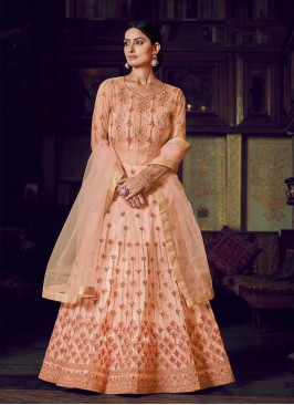 Peach Color Net Embroidered Gown