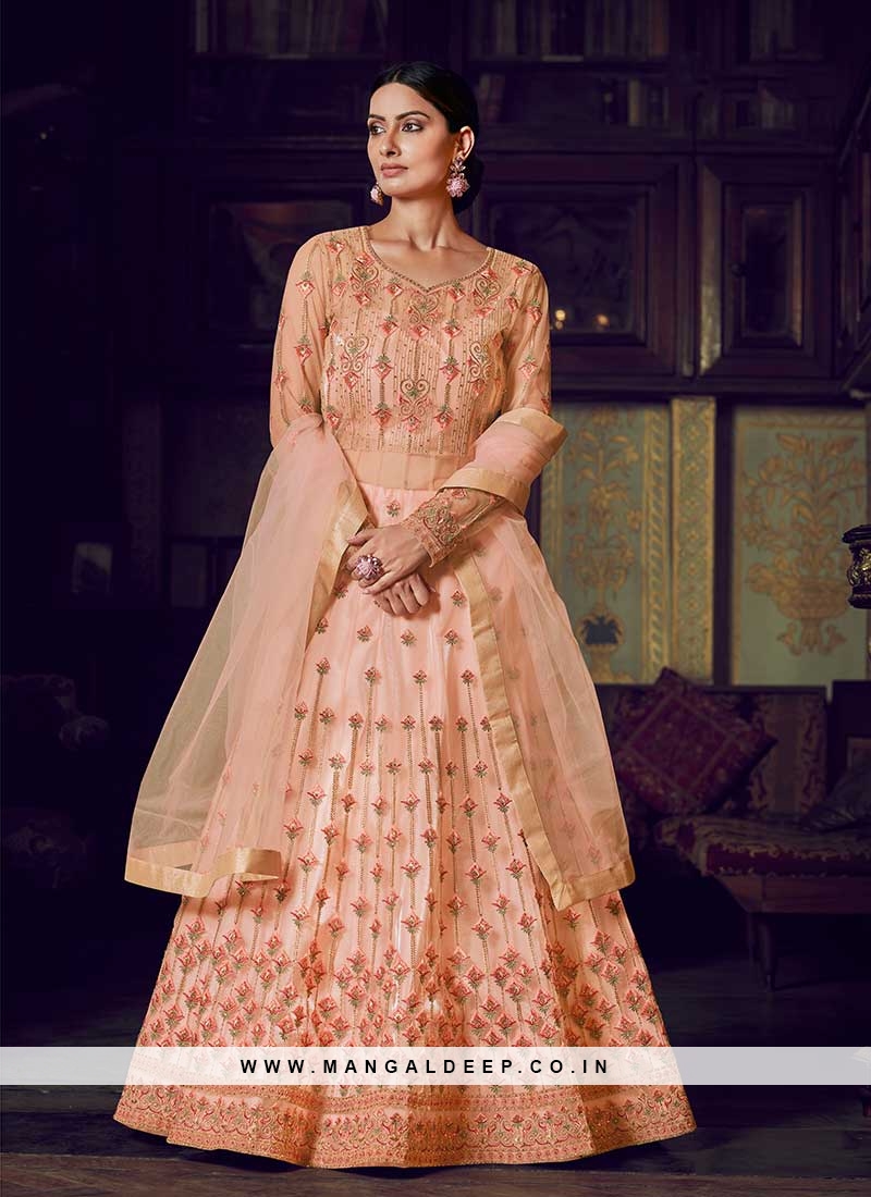 Peach Color Net Base Embroidered Gown