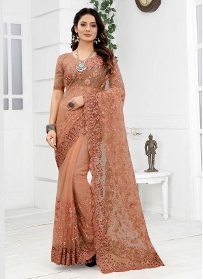 Peach Color Net Embroidered Saree