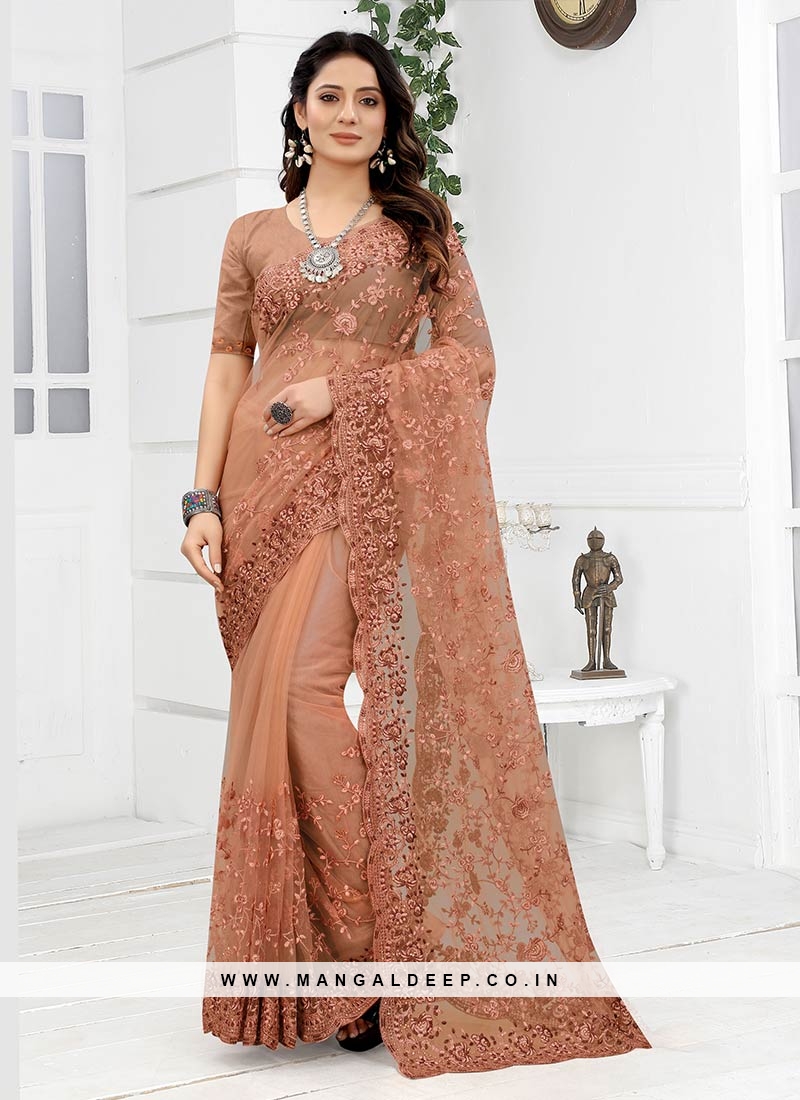 Peach Color Net Embroidered Saree